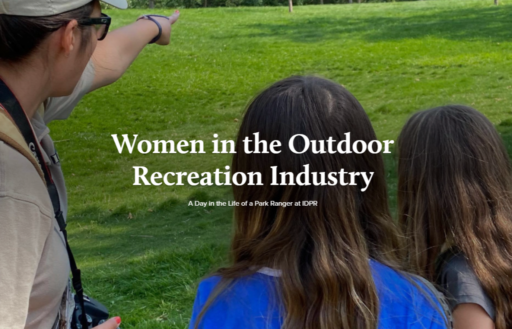 Women in the outdoor rec industry, featuring a female ranger on the left and two young female park visitors, background is grassy
