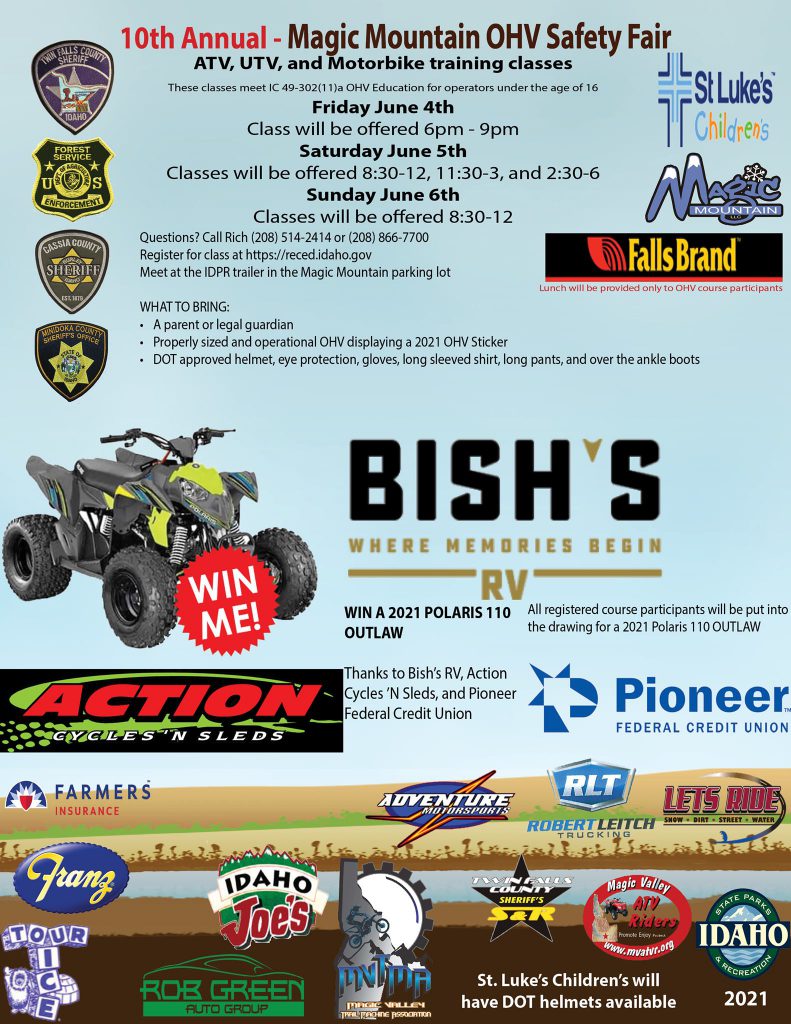 Mark your calendars for the Magic Mountain OHV Safety Fair this summer! Join us June 4-6, 2021! Don't miss out on your chance to win a 2021 Polaris 110 OUTLAW!