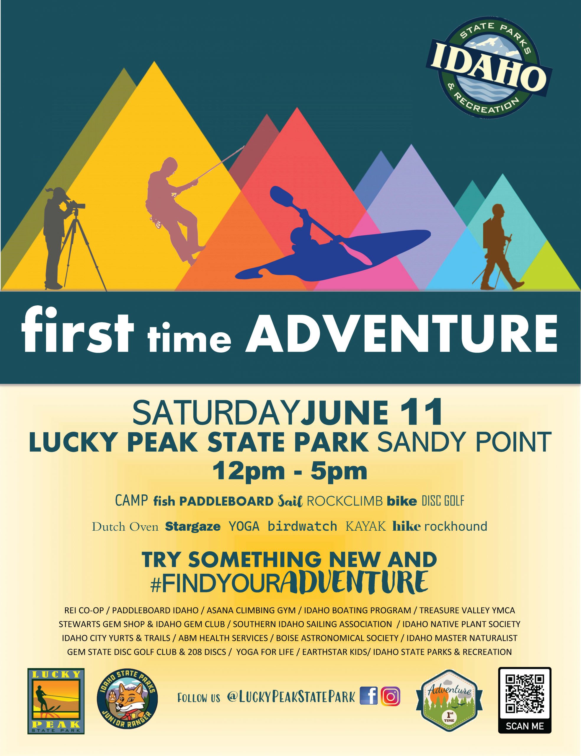 Held annually at Sandy Point Beach, this fair style event is your gateway to a new adventure! Lucky Peak State Park has partnered with vendors throughout the Treasure Valley to showcase all the outdoor opportunities Idaho has to offer. Learn about local hiking club, citizen science & volunteer projects. Learn how to paddleboard, go birding, go fishing, operate a telescope and so much more. You want to try camping but not sure where to start or what you actually need? We've got you covered! Whether its your first adventure or your hundredth, join us for a fun-filled day out at the park!