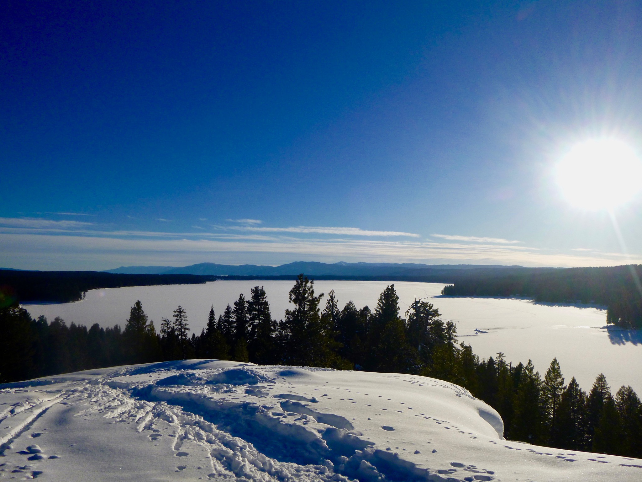 Scenic view of the snow at Ponderosa, trees in the background, snow on the ground, sun shining