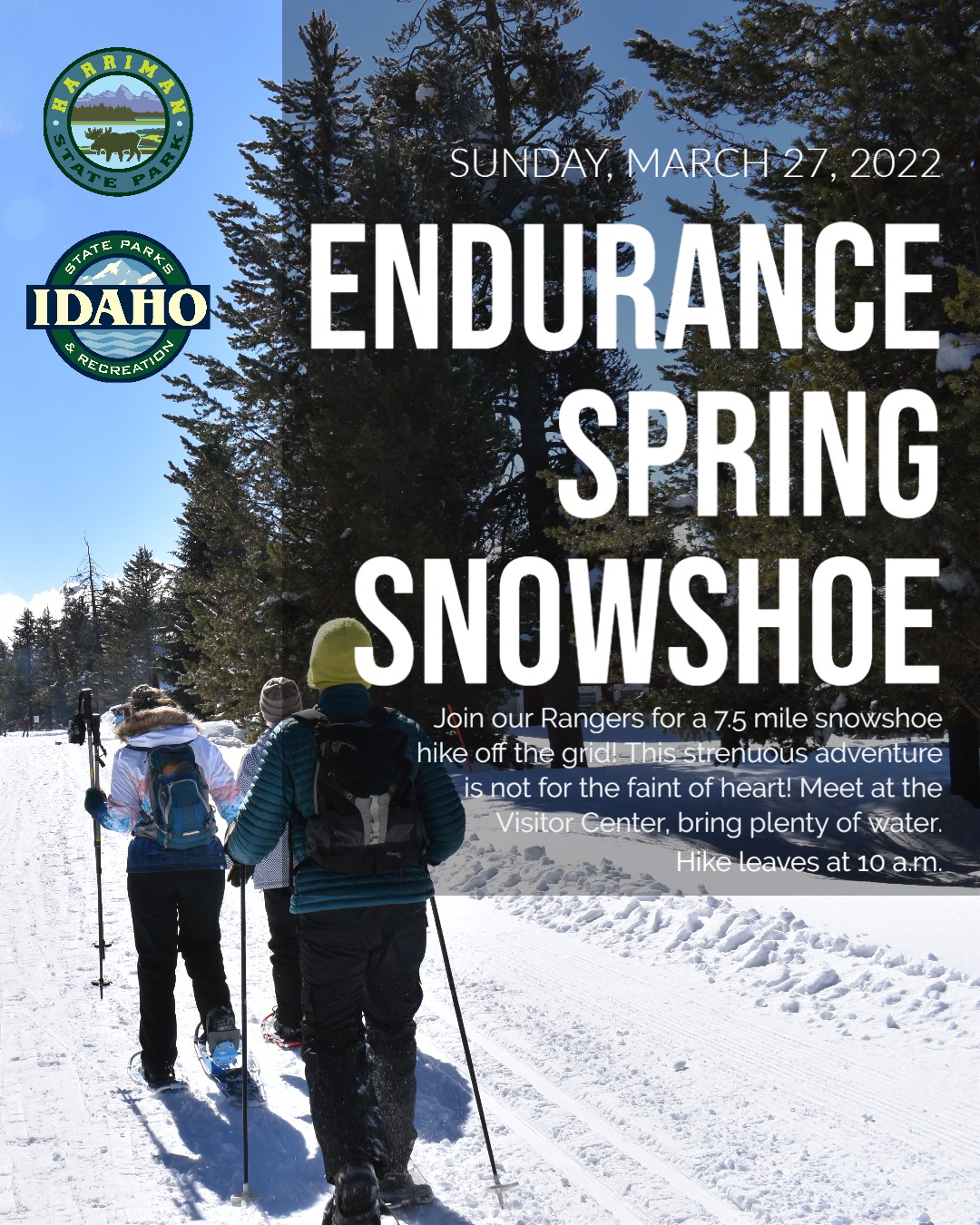 Join our Rangers for a 7.5 mile snowshoe hike off the grid! This strenuous adventure is not for the faint of heart, as you tackle heart attack hill and summit the caldera rim. Stop for a quick lunch at the Ridge Overlook and enjoy incredible views of the Teton Range and Park from the mountain side. Meet at the Visitor Center, dress for cold winter climate, bring functioning snowshoes that can handle deep powder, and a day pack with lunch and plenty of water. This is a free event. Winter access and motor vehicle entrance fees still apply. ASL Interpretation is available at no cost. Please submit a request seven days, preferably two weeks, in advance by calling 208.558.7368 or by emailing har@idpr.idaho.gov. COVID-19: Park programs follow CDC guidelines.