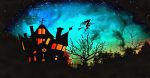 Spooky house with witch flying in background