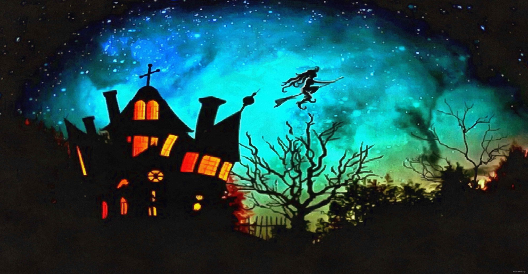 Spooky house with witch flying in background