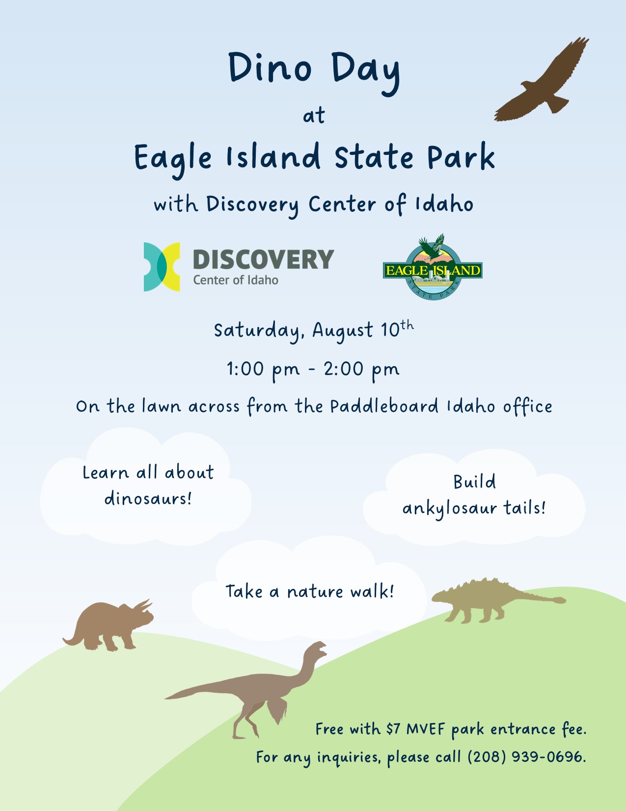 Learn all about dinosaurs! Build ankylosaur tails! Take a nature walk! Meet us on the lawn across from the Paddleboard Idaho office. Eagle, Idaho