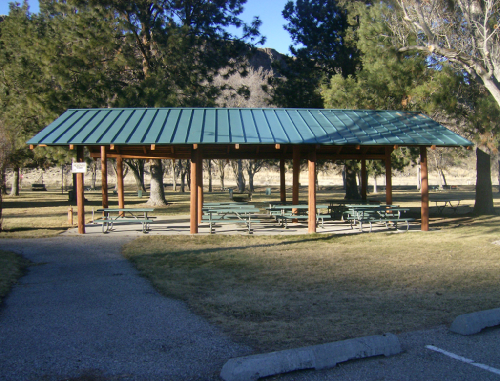 Middle Discovery Shelter; empty shelter in the fall, pine trees surround the shelter, providing natural shade