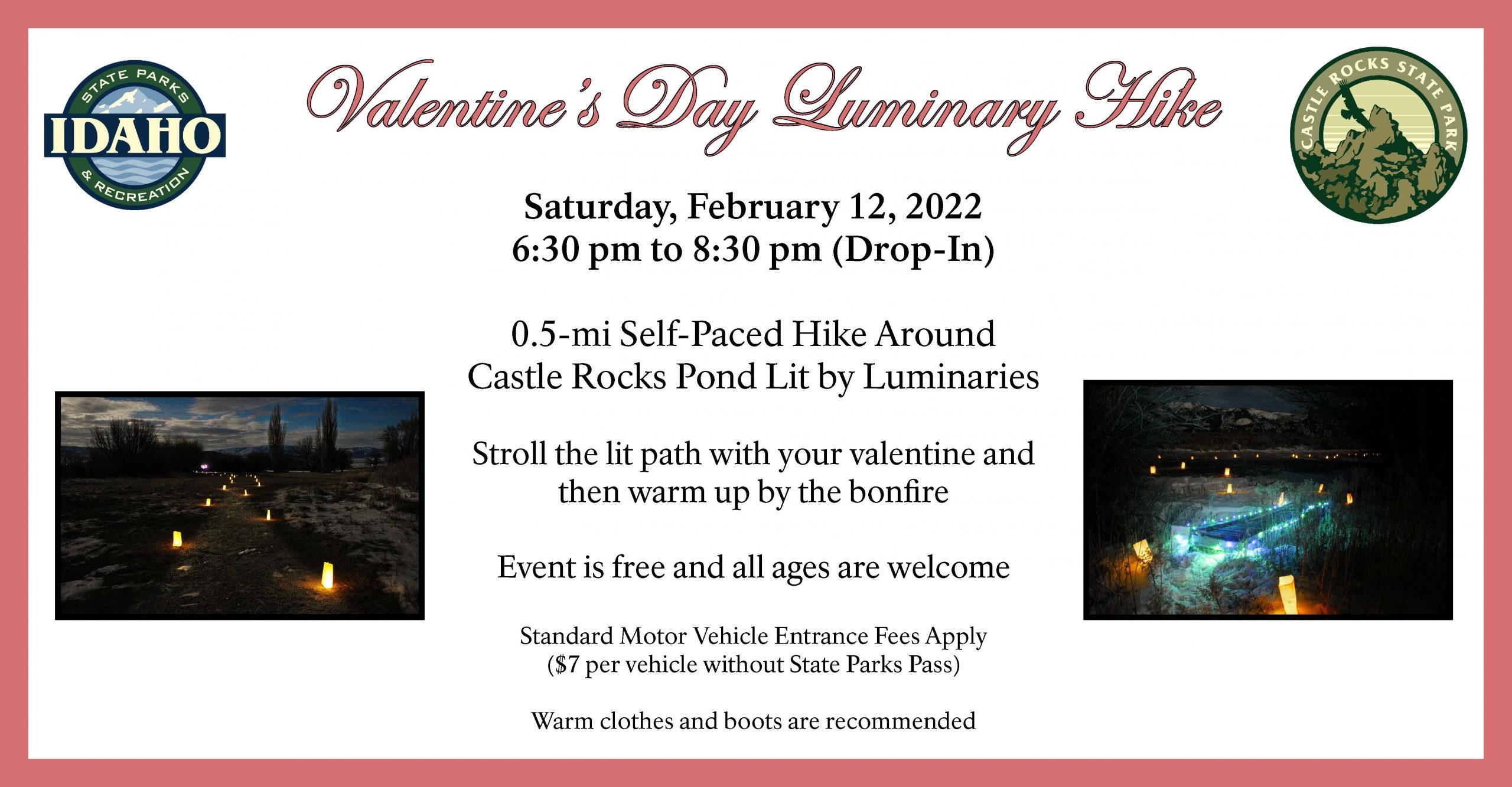 Flyer for VDay Luminary Hike: Valentine’s Day Luminary Hike