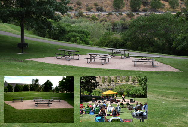 amphitheater Sandy Point, three images, two of the empty amphitheater, one with it full, a group of about 20 people sitting and presenting