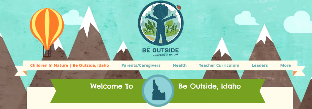 Banner for Be outside idaho.gov, cartoon image of mountains and the be outside logo
