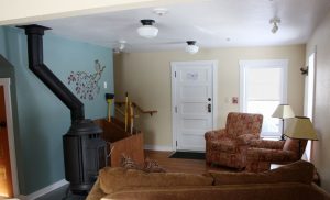 living room furniture and fireplace